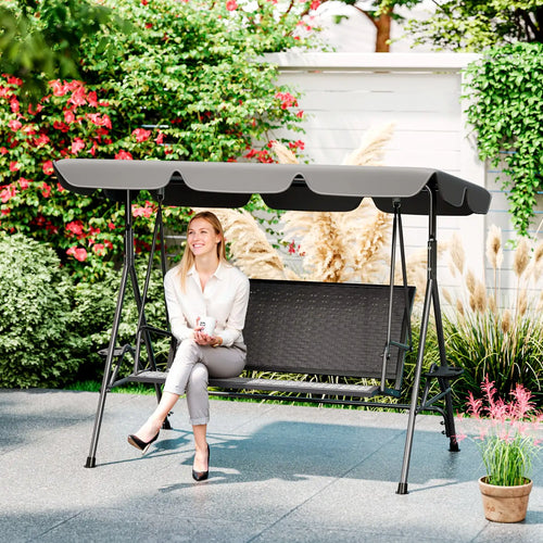 3-Seat Patio Swing Chair, Outdoor Canopy Swing Glider, Adjustable Shade, Grey