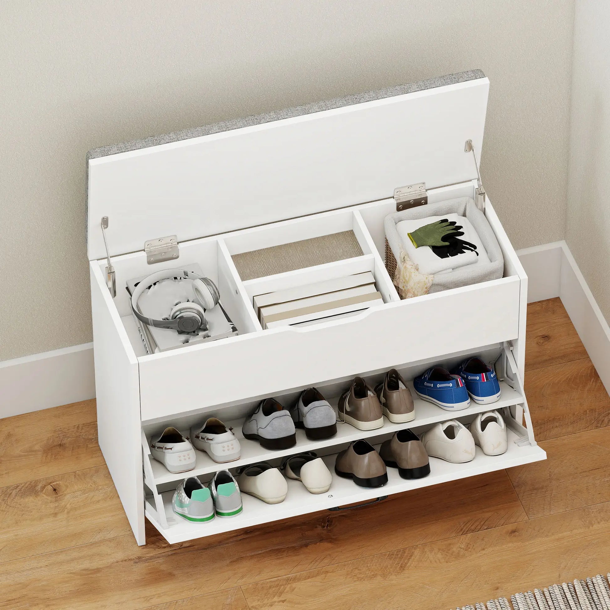 Shoe Storage Bench with Flip Drawer, Lift Top, Seat Cushion, White Shoe Storage Cabinets & Racks at Gallery Canada