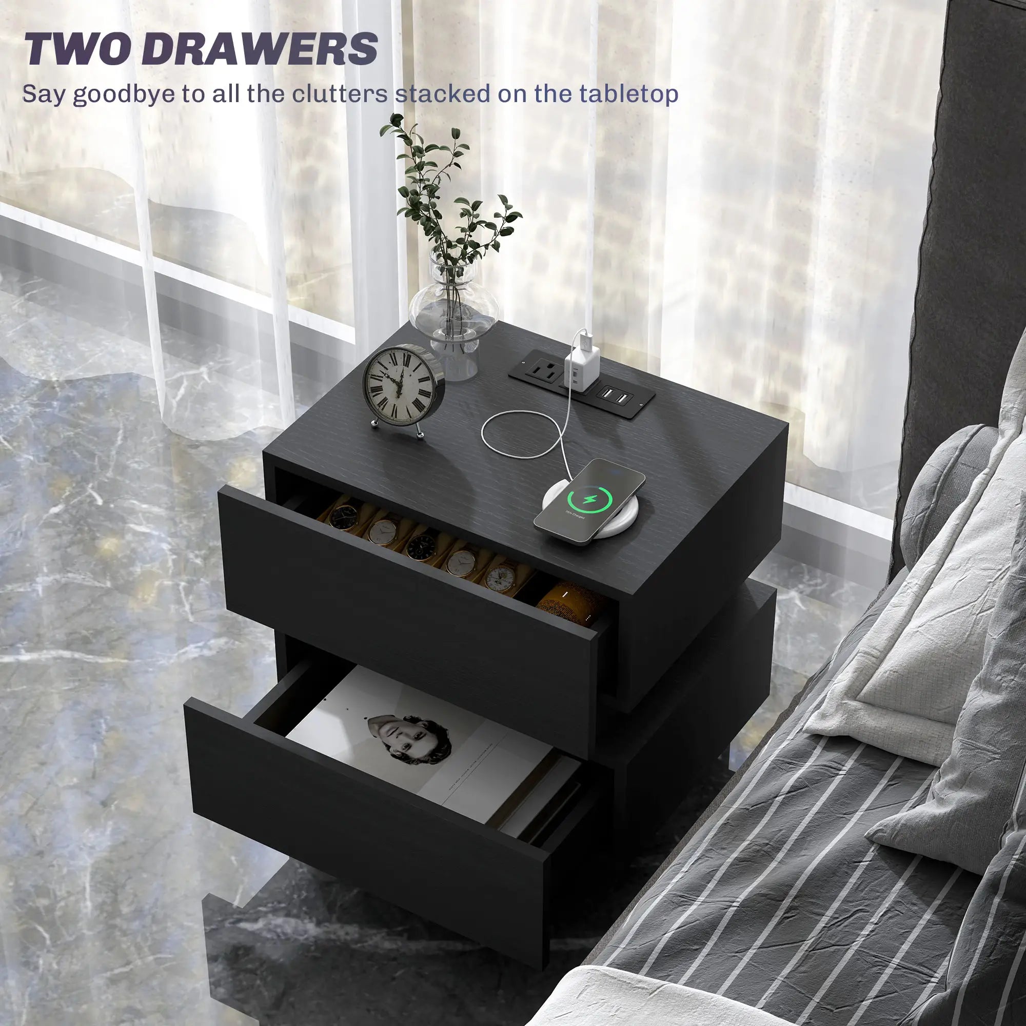 Modern Bedside Table with Charging Station, LED Light, USB Ports, Black Bedside Tables at Gallery Canada