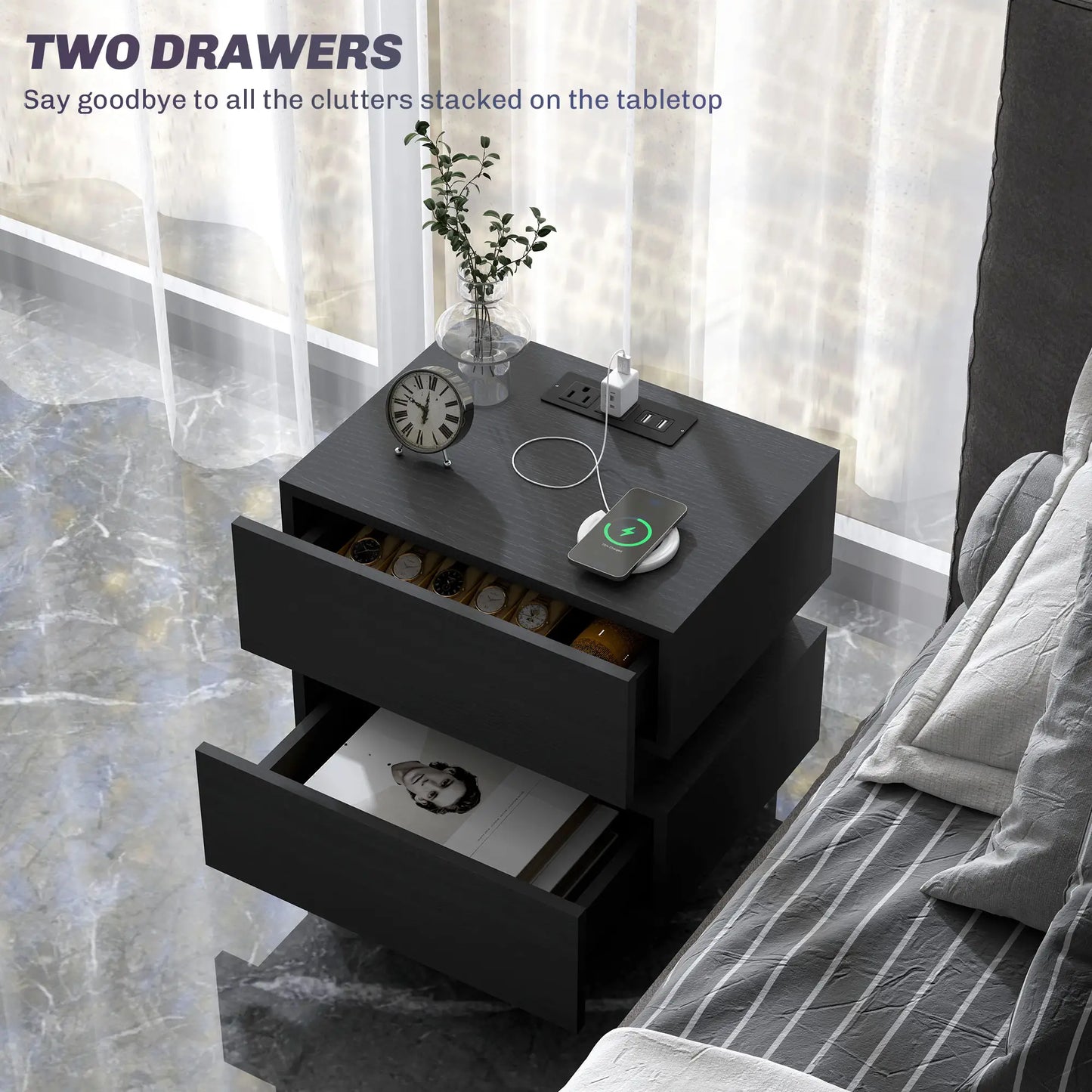 Modern Bedside Table with Charging Station, LED Light, USB Ports, Black Bedside Tables at Gallery Canada