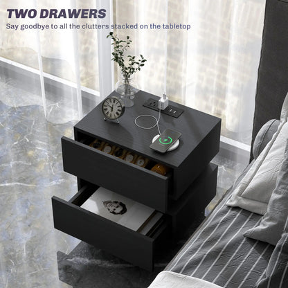 Modern Bedside Table with Charging Station, LED Light, USB Ports, Black Bedside Tables at Gallery Canada