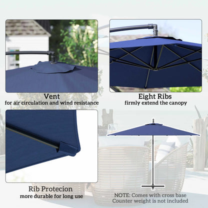 9.7ft Offset Patio Umbrella, 8 Ribs, Crank Handle, Cross Base, Blue Offset Cantilever Umbrellas at Gallery Canada