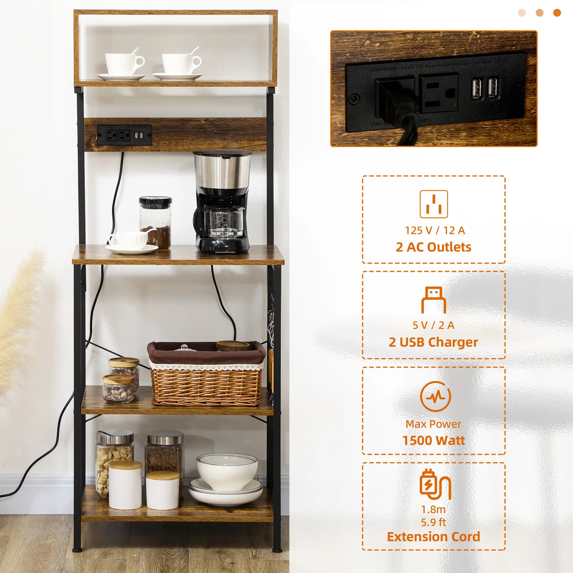 Baker's Rack with Charging Station, Microwave Shelf, Rustic Brown Storage Cabinets at Gallery Canada