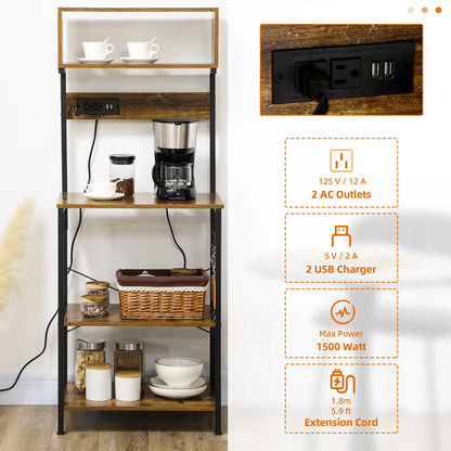 Baker's Rack with Charging Station, Microwave Shelf, Rustic Brown Storage Cabinets at Gallery Canada