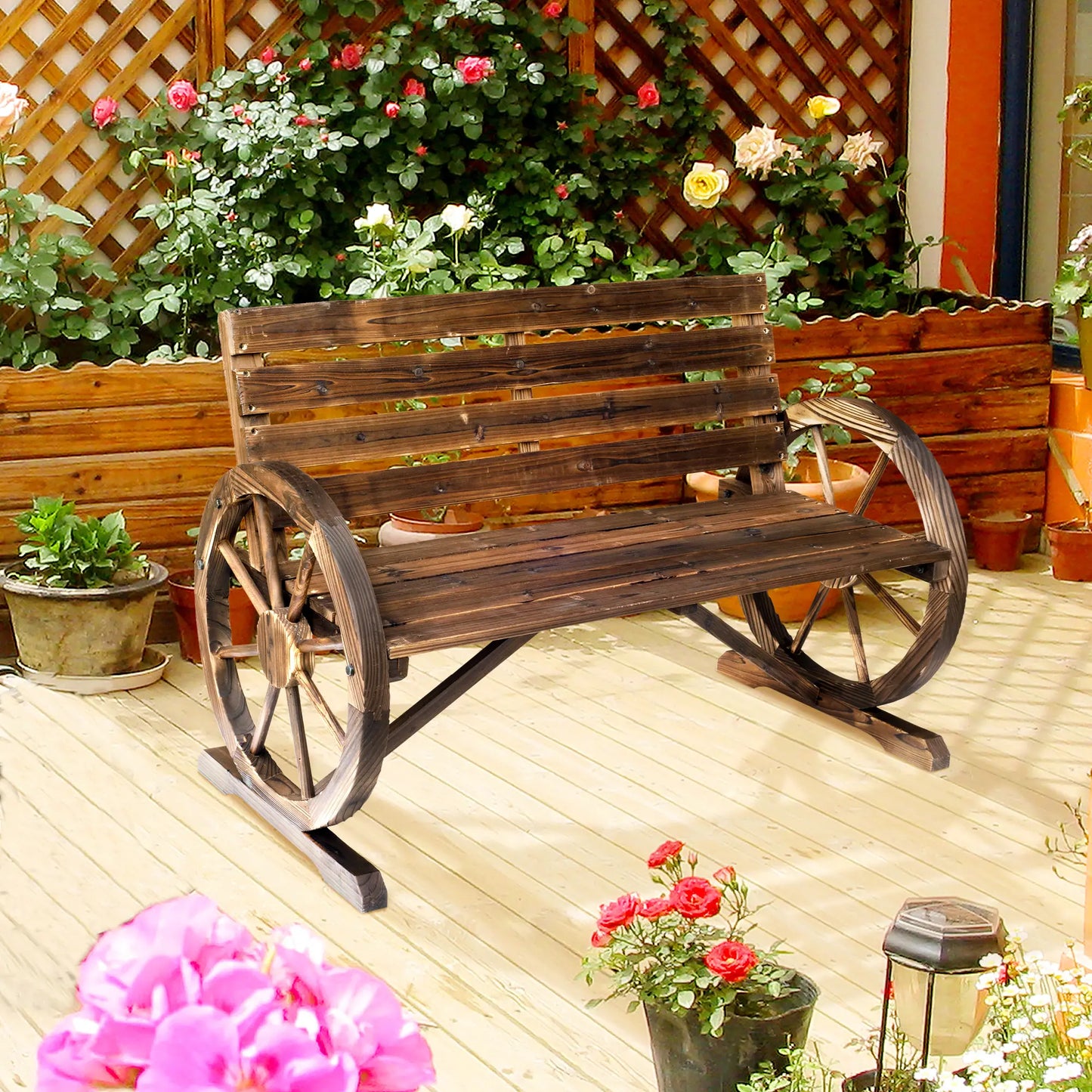 42" Wood Wagon Wheel Bench, Rustic Garden Loveseat, Brown Outdoor Benches at Gallery Canada