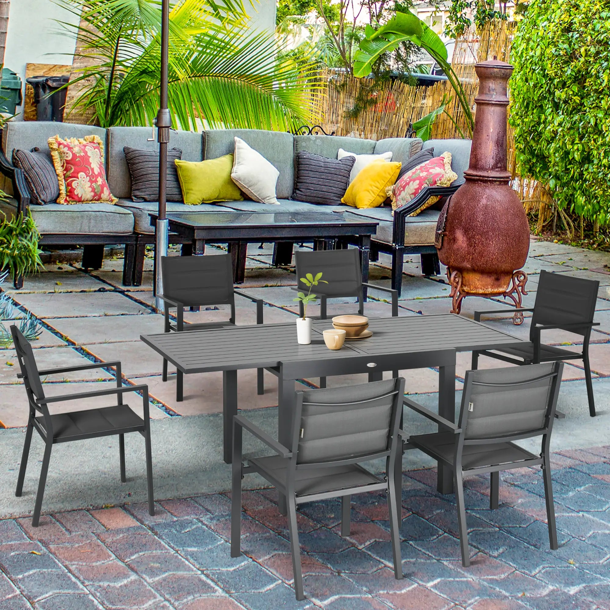 7-Piece Patio Dining Set for 6, Aluminum Table, Stackable Chairs, Dark Gray Outdoor Dining Sets at Gallery Canada