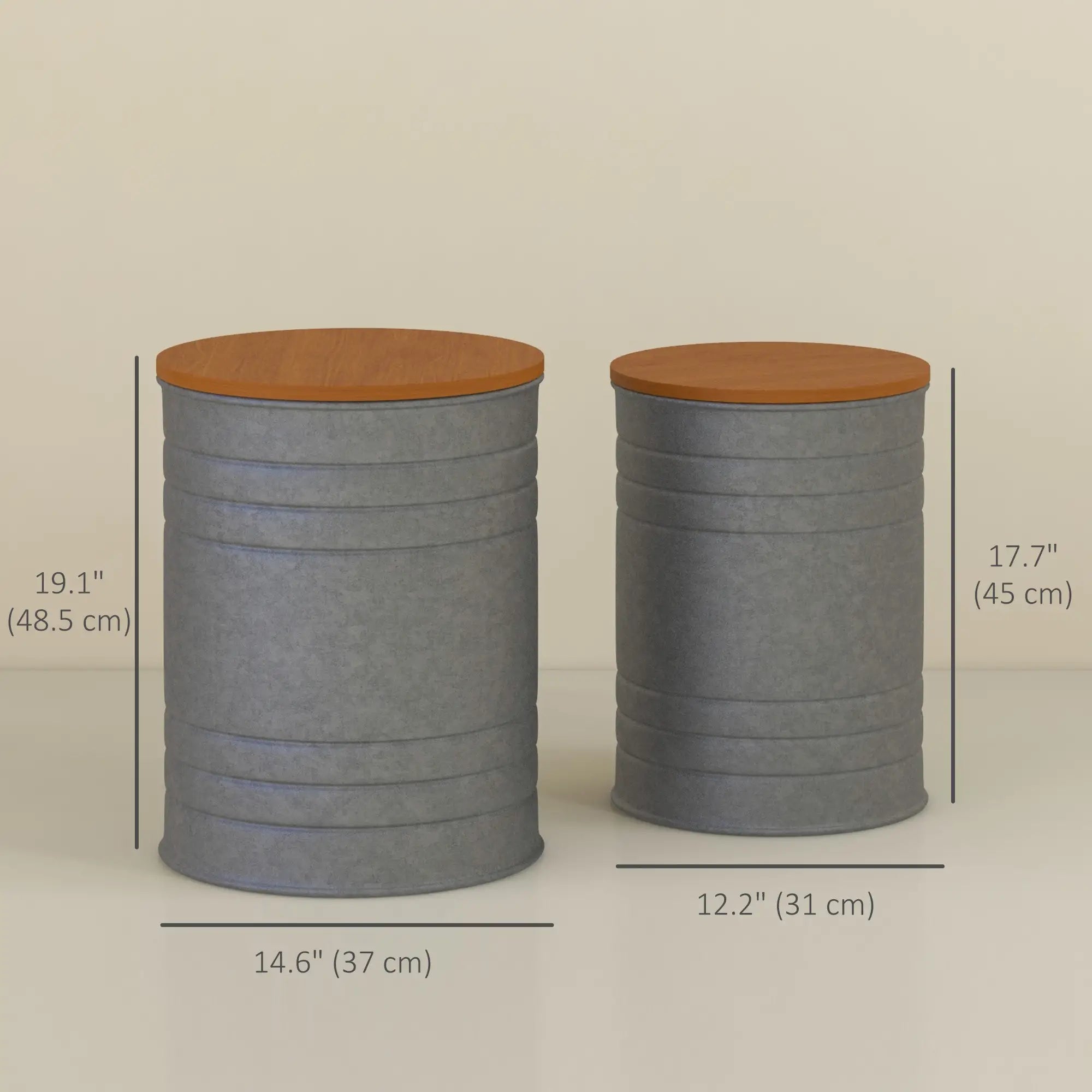 Round Side Table Set of 2, Nesting Coffee Tables, Wooden Lid, Galvanized Frame, Hidden Storage, Grey Side Tables at Gallery Canada