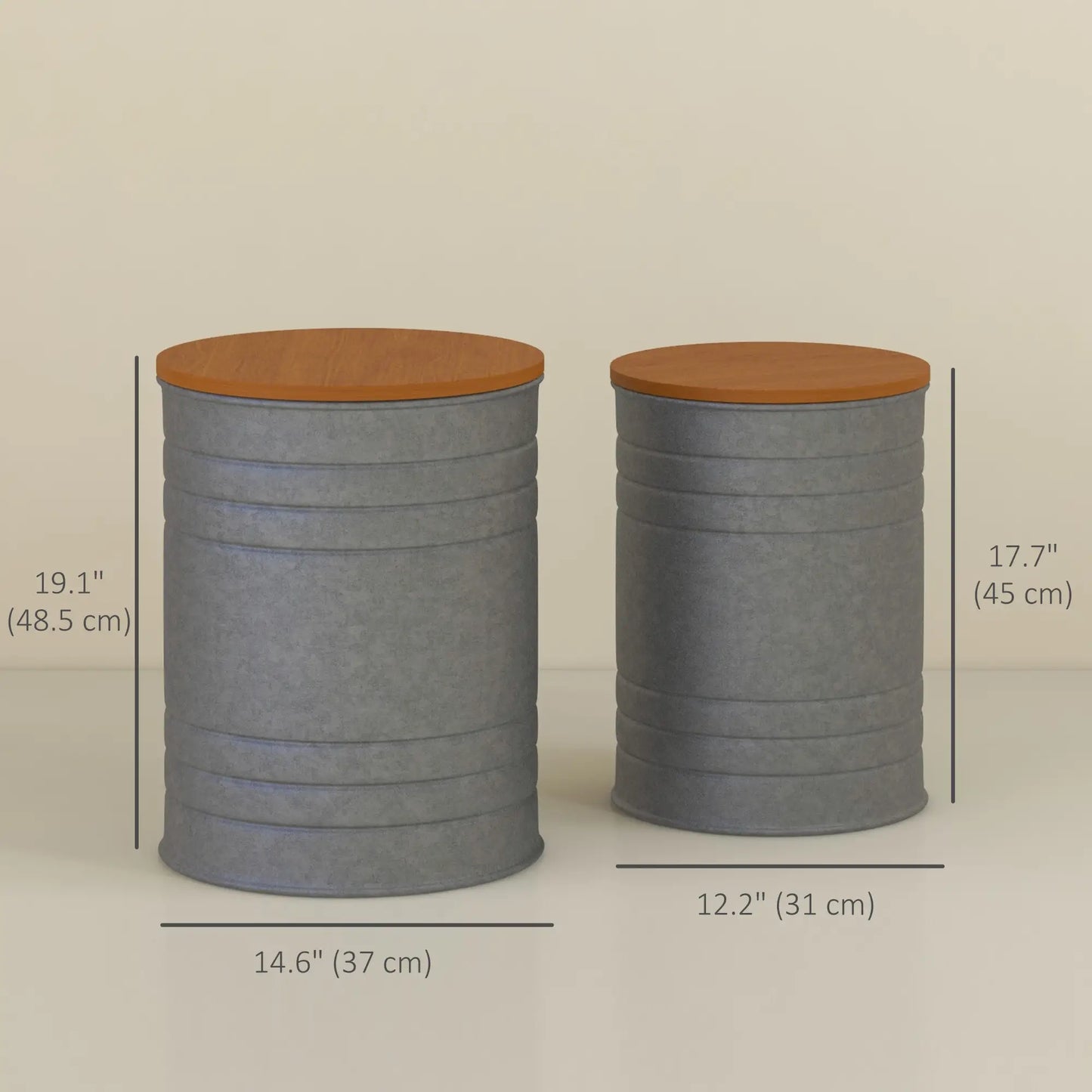 Round Side Table Set of 2, Nesting Coffee Tables, Wooden Lid, Galvanized Frame, Hidden Storage, Grey Side Tables at Gallery Canada