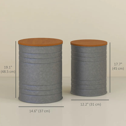 Round Side Table Set of 2, Nesting Coffee Tables, Wooden Lid, Galvanized Frame, Hidden Storage, Grey Side Tables at Gallery Canada