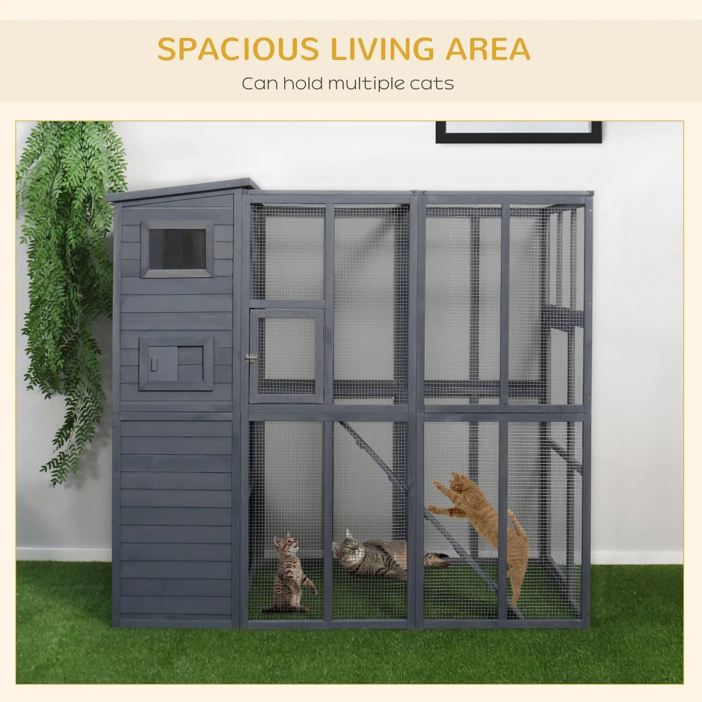 Outdoor Wooden Catio, 4 Tier Main House, Ramp, Platforms, Asphalt Roof, Grey Outdoor Cat Enclosures at Gallery Canada