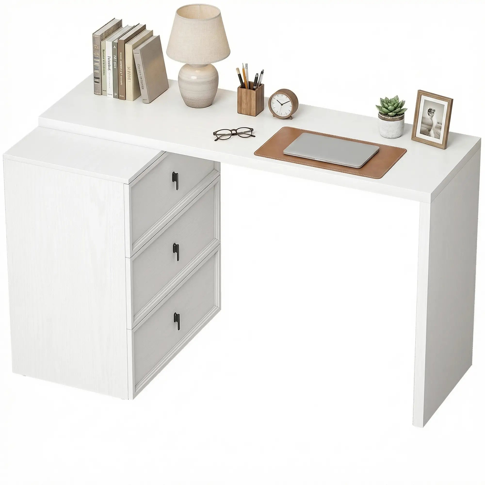 L Shaped Computer Desk, 3 Drawers, White Wood Grain, White Computer Desks at Gallery Canada