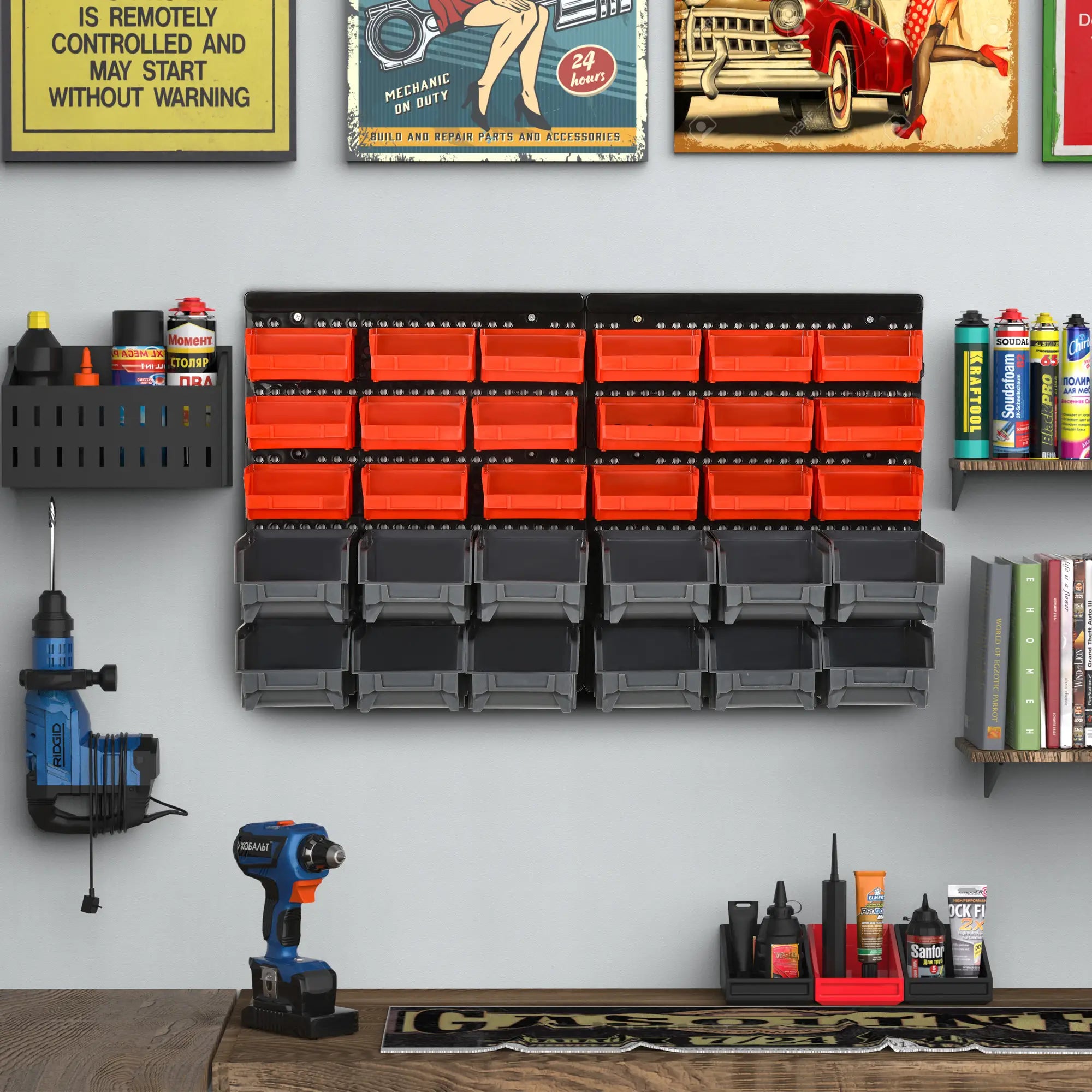 Wall Mounted Storage Bin Rack, 30 Bins, Pegboard, Garage Workshop, Red Tool Organizers at Gallery Canada