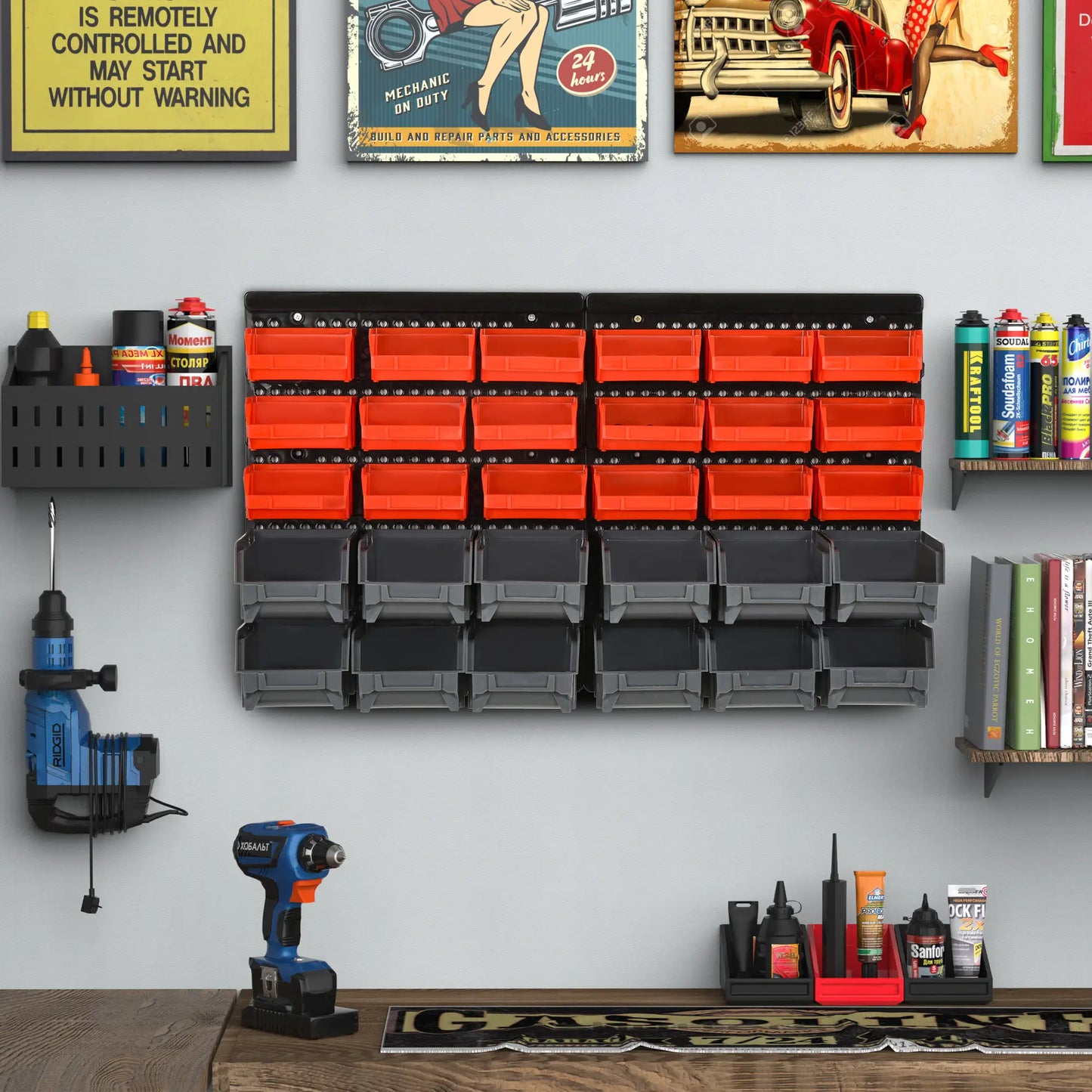 Wall Mounted Storage Bin Rack, 30 Bins, Pegboard, Garage Workshop, Red Tool Organizers at Gallery Canada