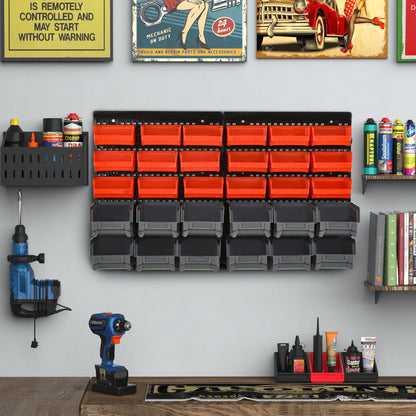Wall Mounted Storage Bin Rack, 30 Bins, Pegboard, Garage Workshop, Red Tool Organizers at Gallery Canada