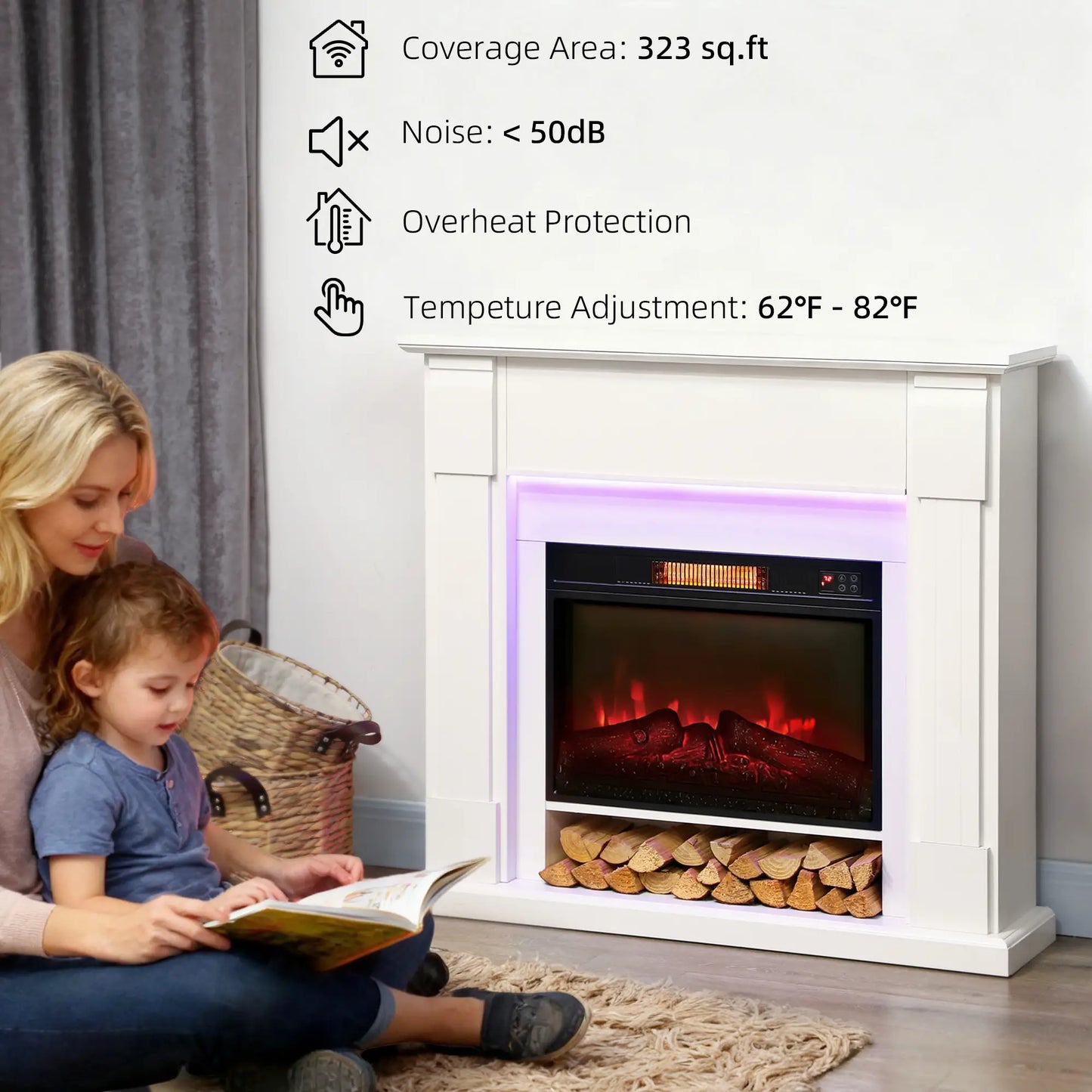 41 Inch Electric Fireplace with Mantel, 1400W Heater, Adjustable 3D Flame, White Electric Fireplaces at Gallery Canada