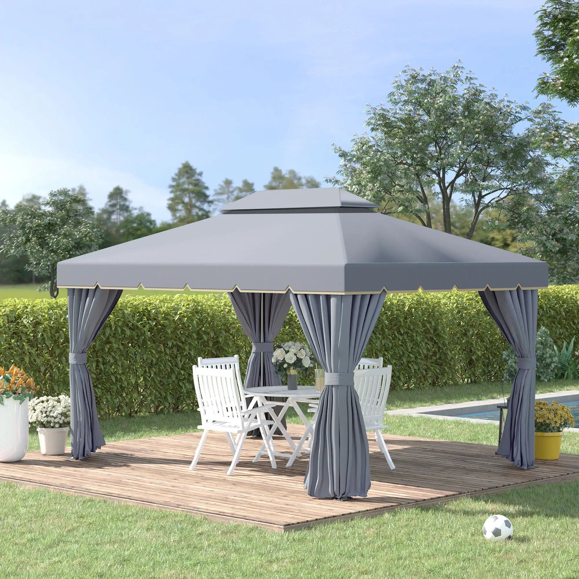 13' x 10' Patio Gazebo, 2-Tier Polyester Roof, Vented Mesh Sidewall, Aluminum Frame, Grey Gazebos at Gallery Canada