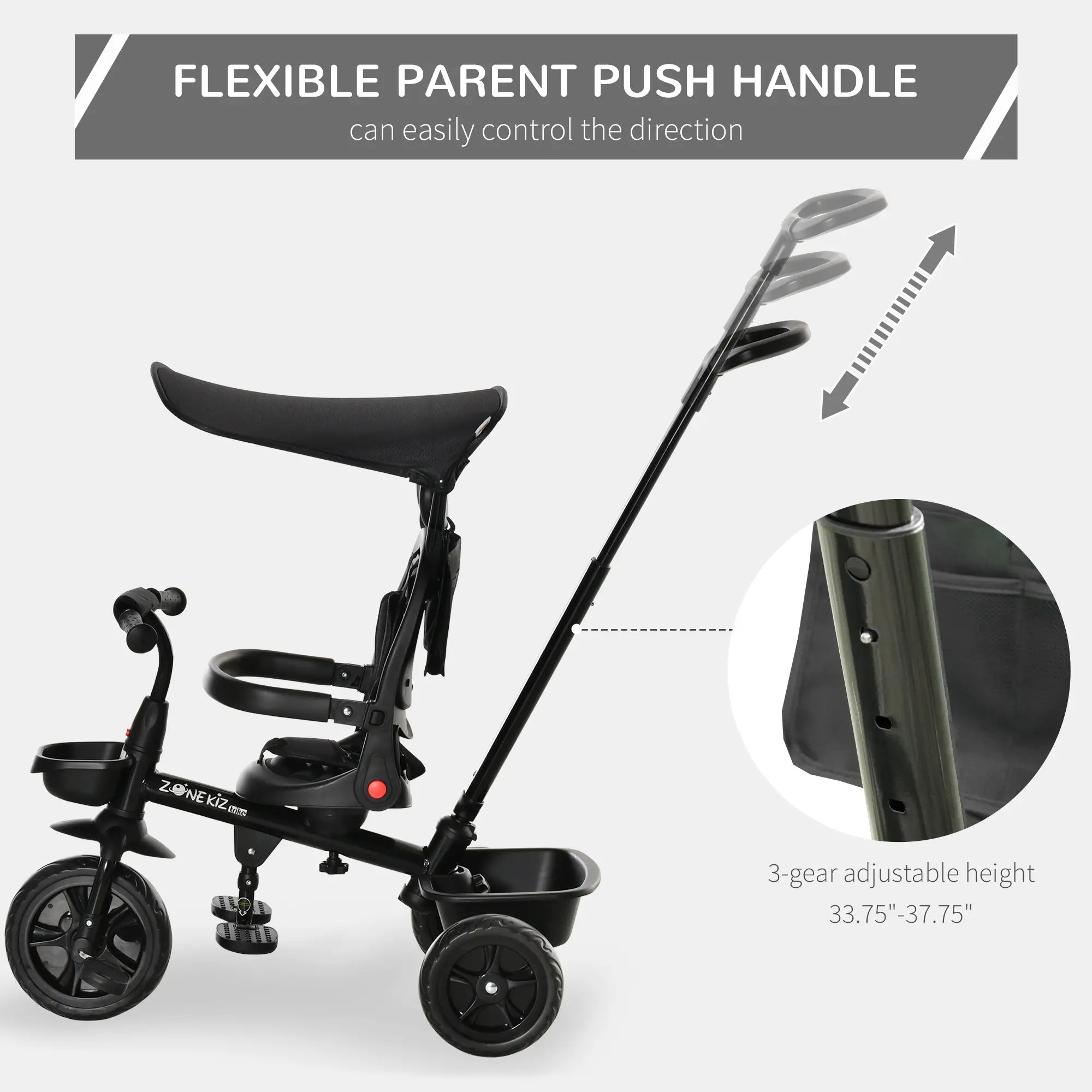 Kids Tricycle 4 In 1 Trike with Reversible Angle Adjustable Seat Removable Handle Canopy Handrail Belt Storage Footrest Brake Clutch for 1-5 Years Old Black Tricycles for Kids at Gallery Canada