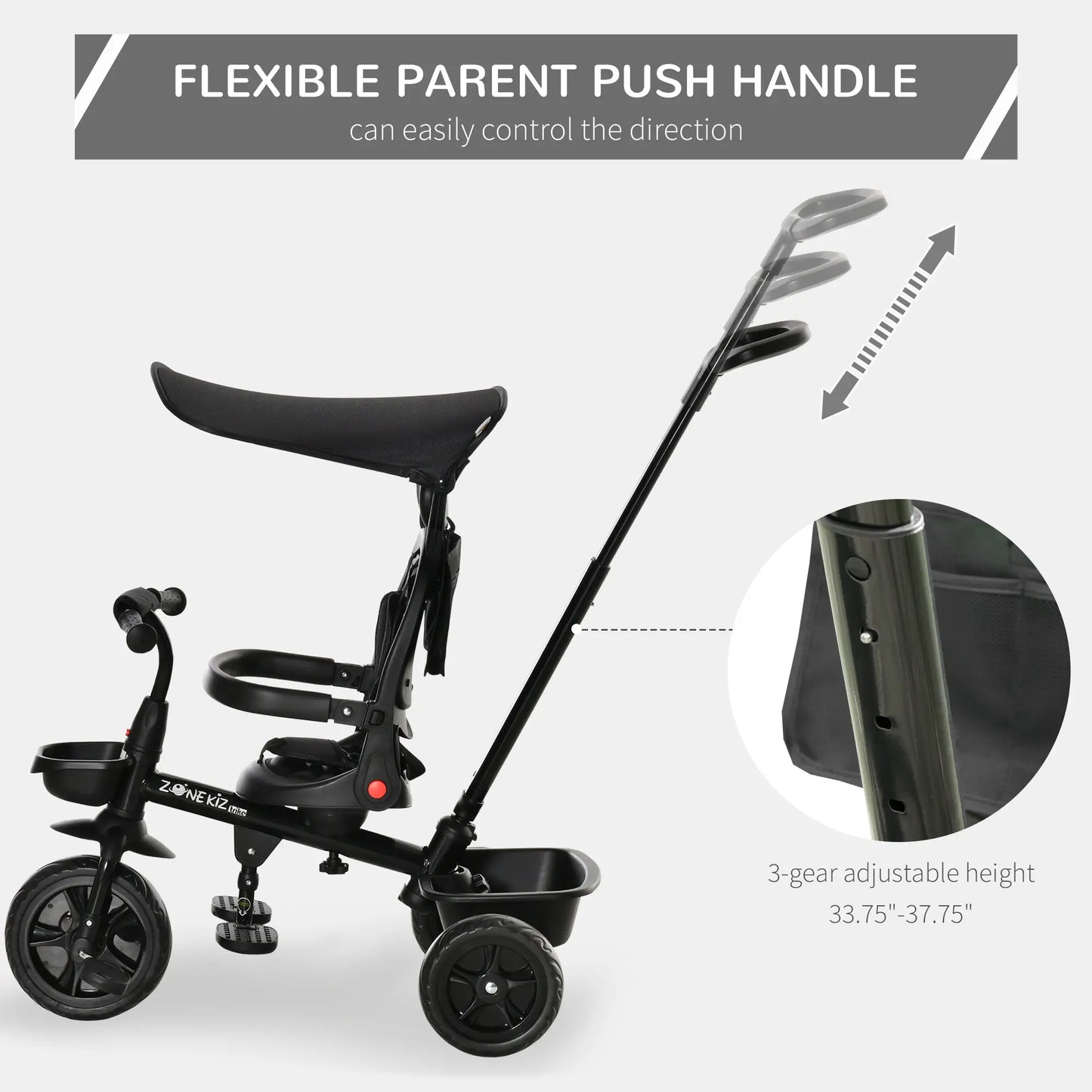 Kids Tricycle 4 In 1 Trike with Reversible Angle Adjustable Seat Removable Handle Canopy Handrail Belt Storage Footrest Brake Clutch for 1-5 Years Old Black Tricycles for Kids at Gallery Canada