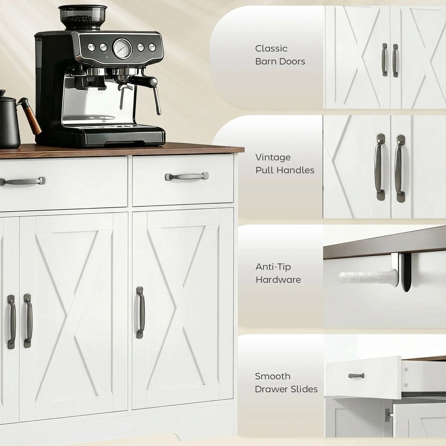 55" White Sideboard Buffet Cabinet, Farmhouse Kitchen With Barn Doors, White Bar Cabinets at Gallery Canada