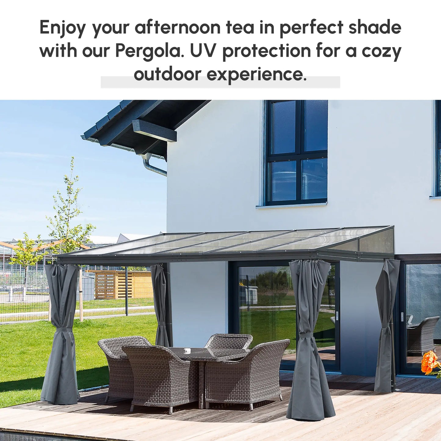 10' x 13' Hardtop Pergola, PC Roof Gazebo, Sun Shelter with Curtains Pergolas at Gallery Canada