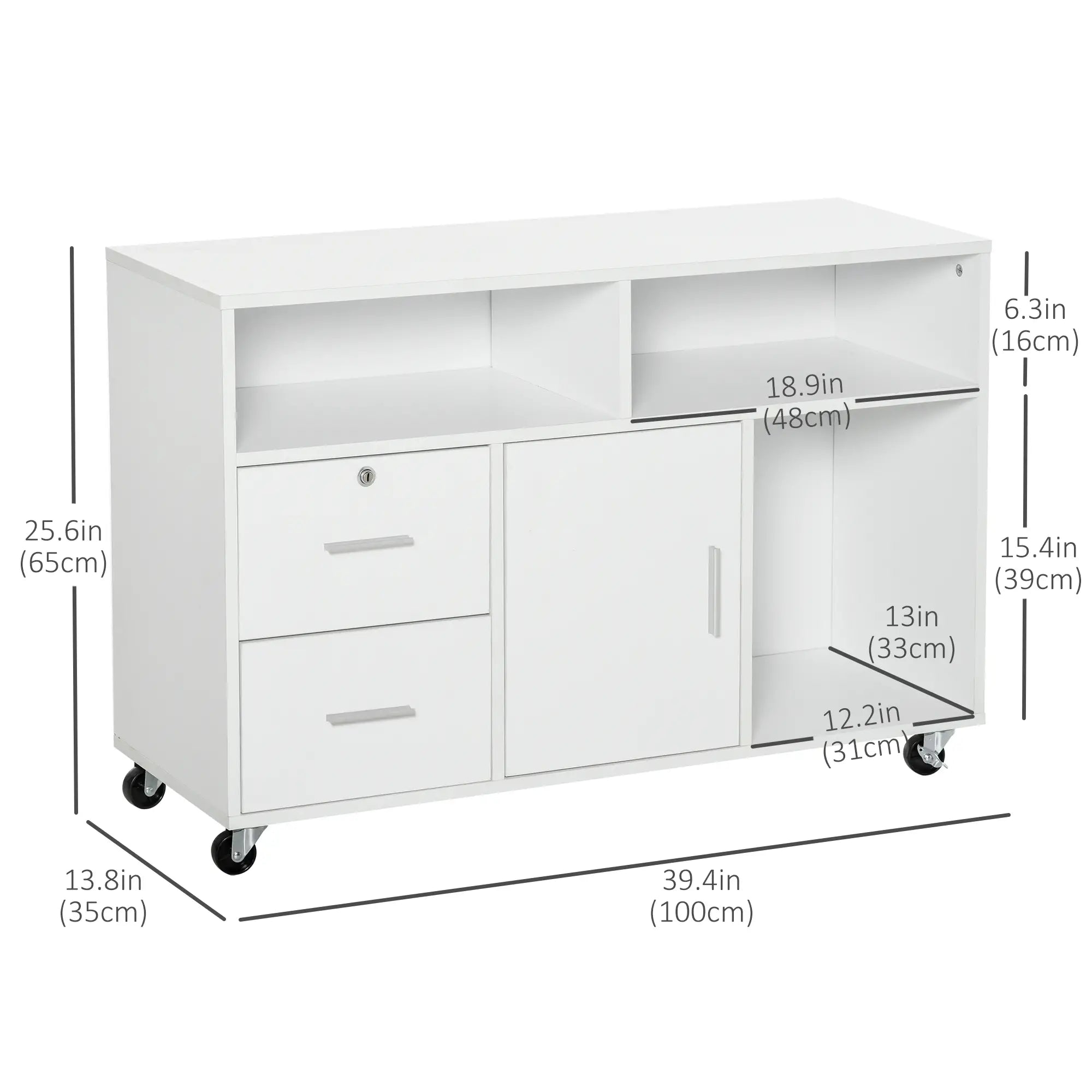 Lateral Filing Cabinet, Open Shelf, Mobile with Wheels, Lockable Drawer, White Office Cabinets & Cupboards at Gallery Canada