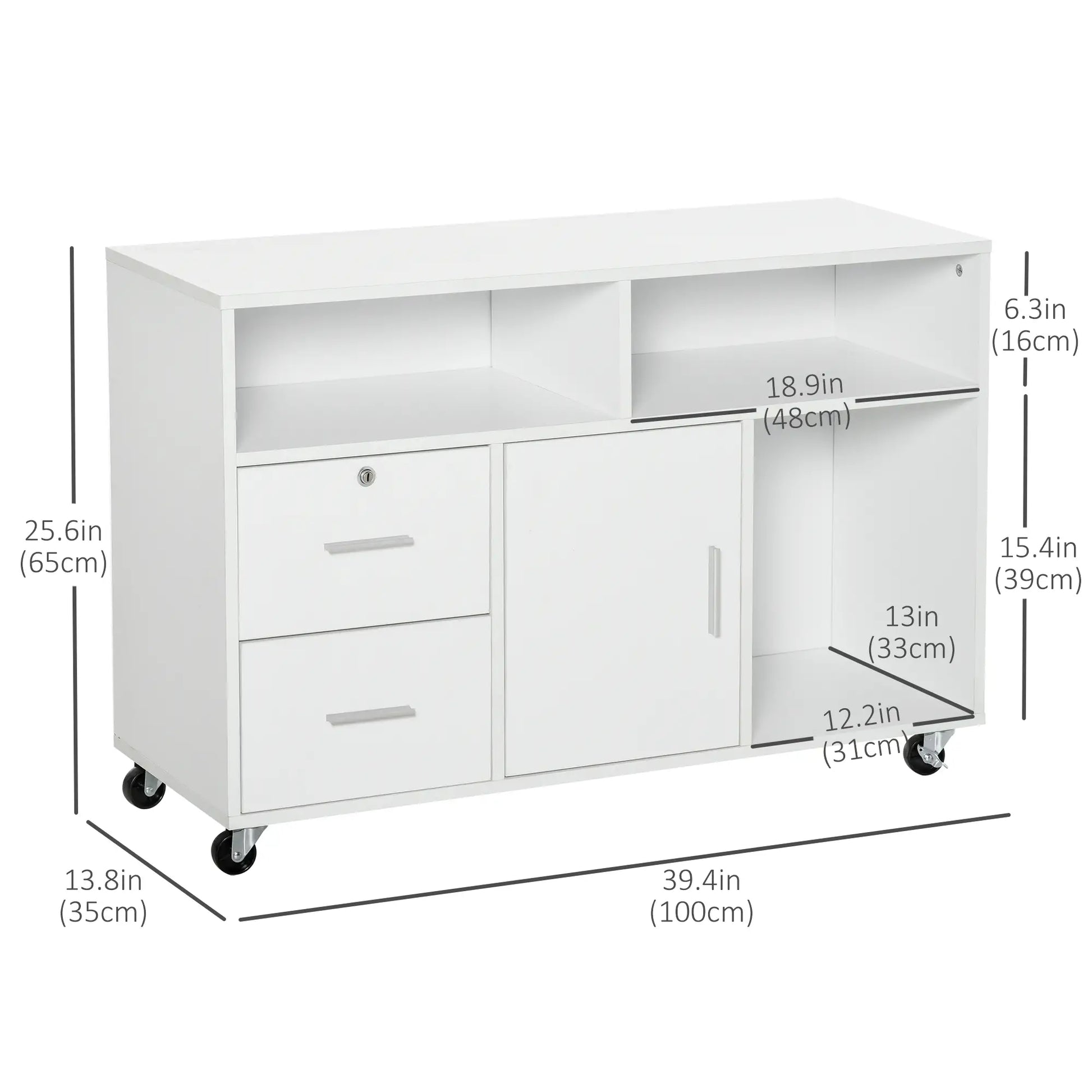 Lateral Filing Cabinet, Open Shelf, Mobile with Wheels, Lockable Drawer, White Office Cabinets & Cupboards at Gallery Canada