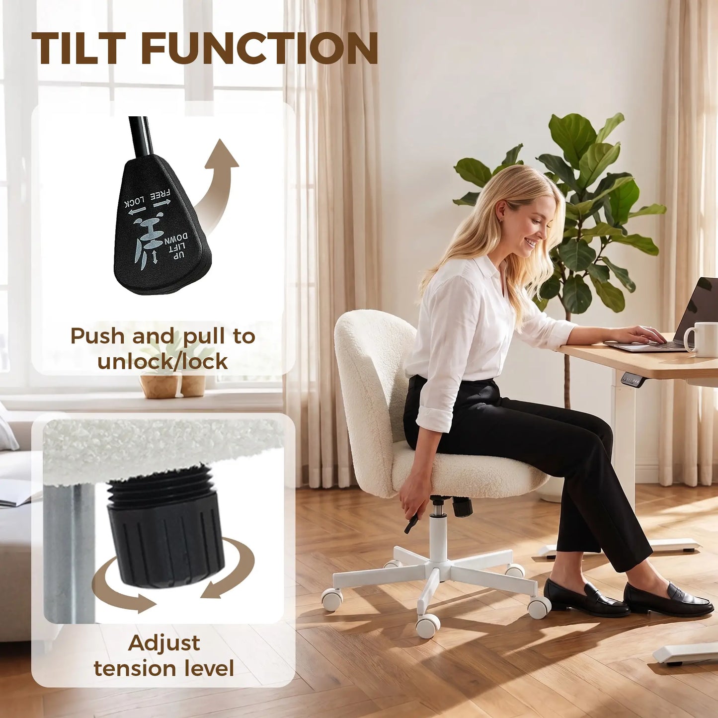 Swivel Tilt Desk Chair, Adjustable Height, Wheels, Cream White