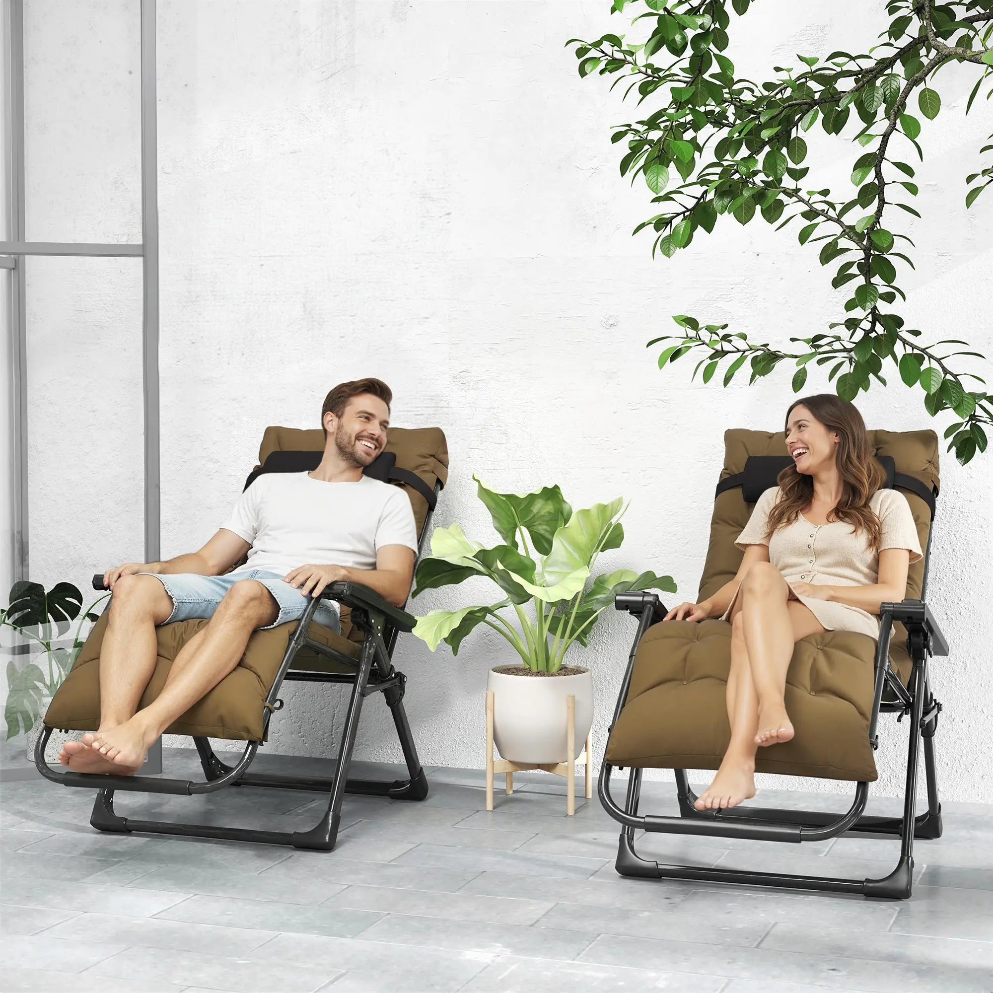 Folding Garden Chairs Set Of 2, Reclining Zero Gravity, Khaki Lounger Chairs at Gallery Canada