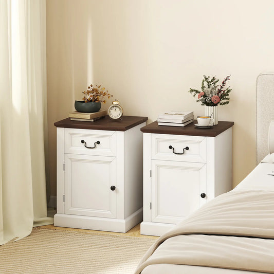 Side Table Set of 2, with Drawer and Cabinet, White Side Tables White, Brown at Gallery Canada