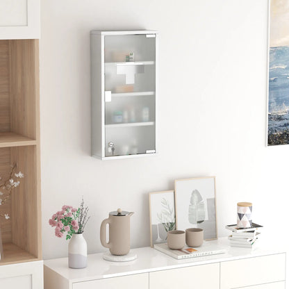 Wall Mount Medicine Cabinet, 4 Tier Shelves, Stainless Steel Frame, Glass Door, Lockable, 12" x 23.5", Silver Mirror Medicine Cabinets at Gallery Canada