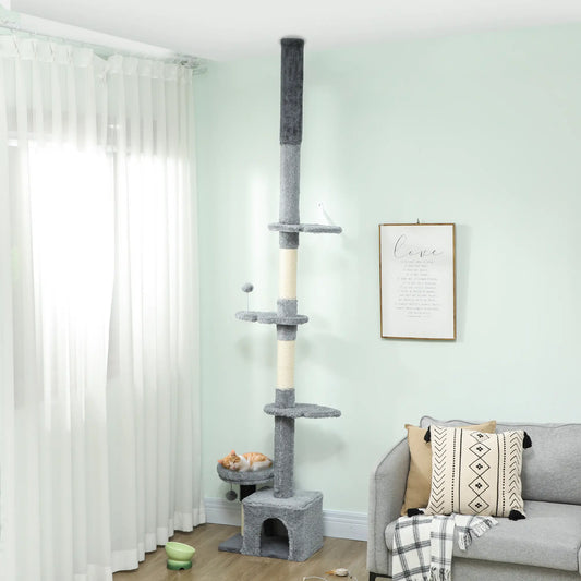 Floor to Ceiling Cat Tree, 4 Tiers, Adjustable Height 87-100" Floor to Ceiling Cat Trees Grey, Beige at Gallery Canada