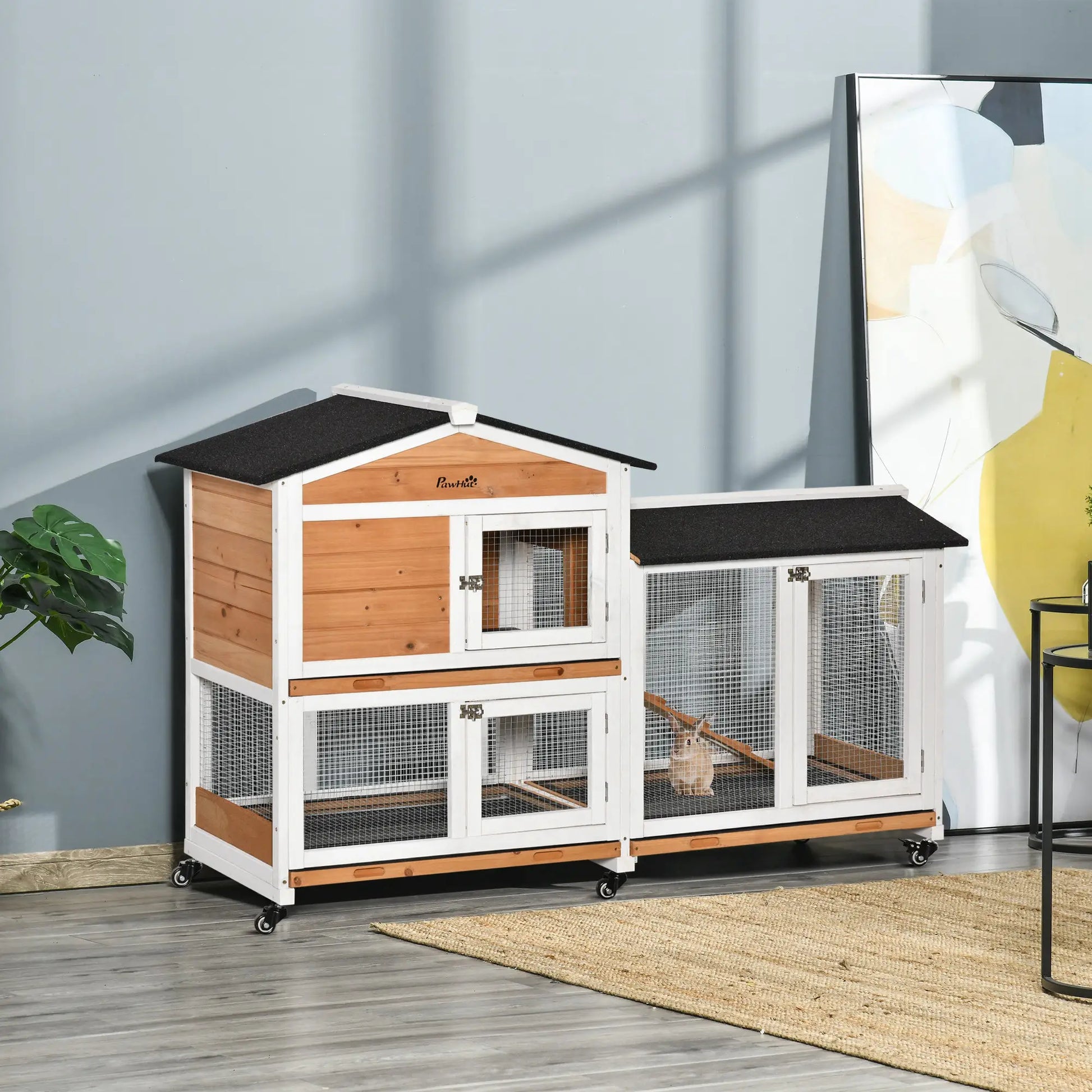 62" Wooden Rabbit Hutch with Wheels, Run Box, Tray, Ramp, Yellow Rabbit Hutch at Gallery Canada