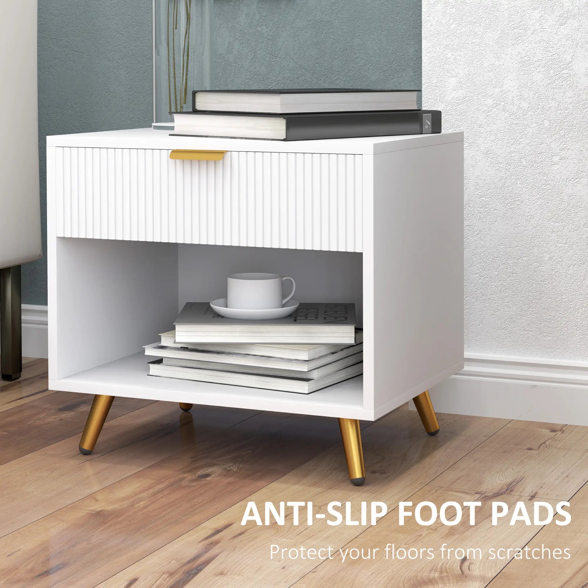 Modern Nightstand with Drawer, Open Compartment, White Bedside Tables at Gallery Canada