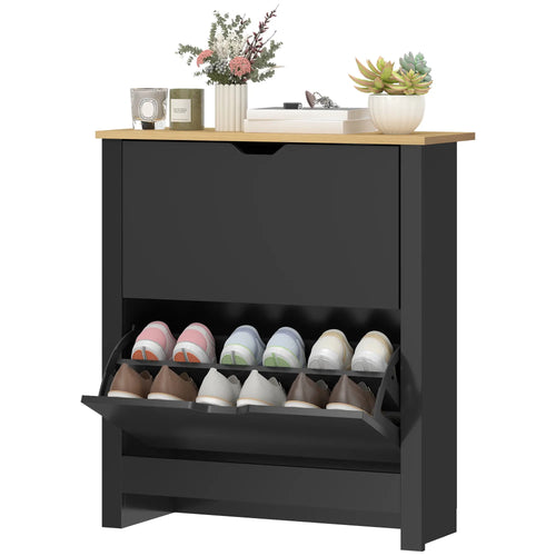 Shoe Storage Cabinet, 2 Flip Drawers, Adjustable Shelves, 8-12 Pairs, Black
