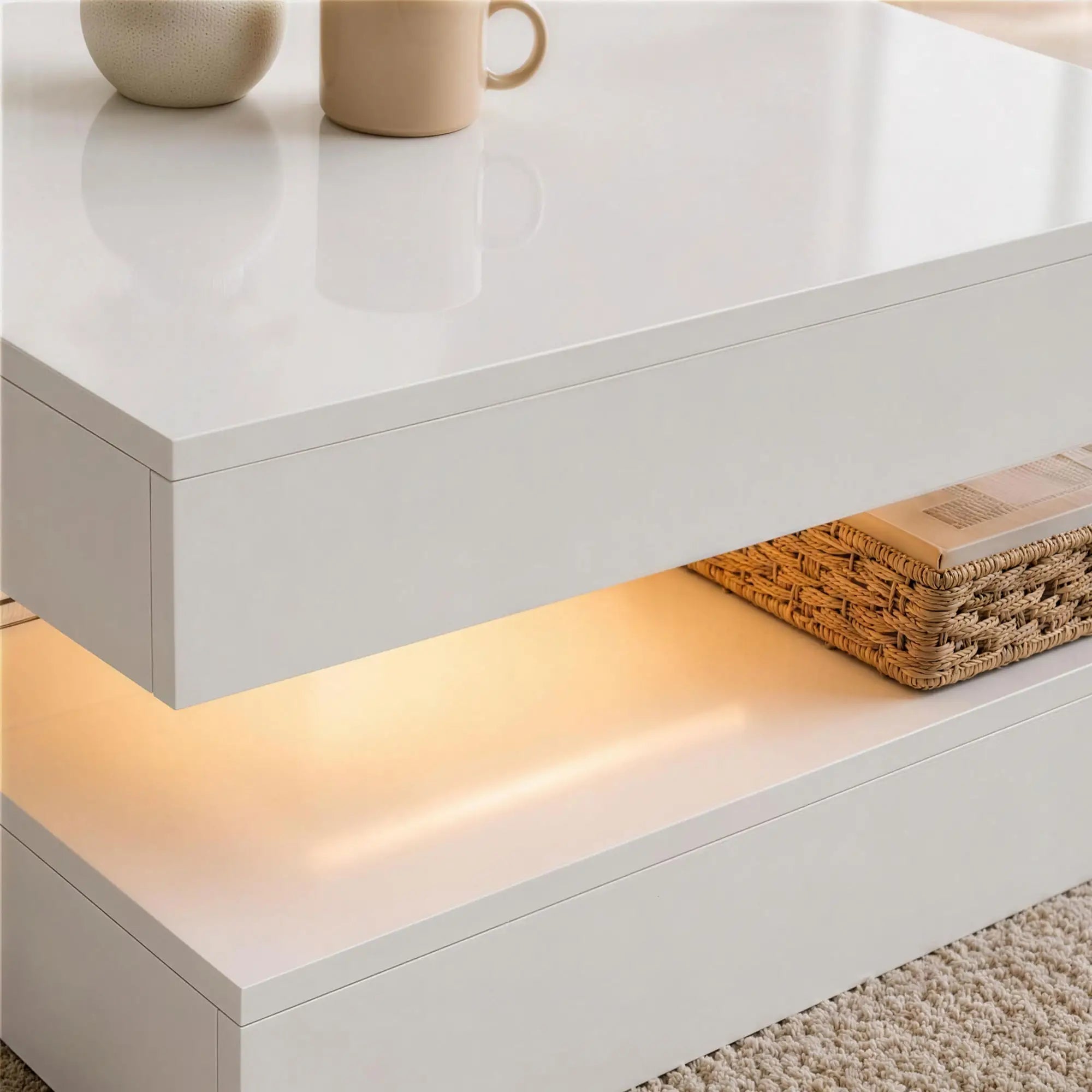 LED Coffee Table with Storage, 2-Tier Modern Center Table with Open Shelf and Remote for Living Room, High Gloss White Coffee Tables at Gallery Canada