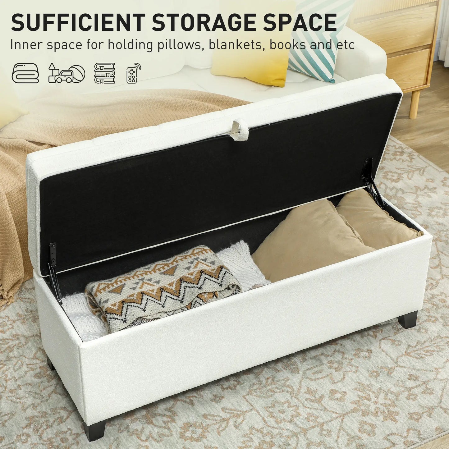 Storage Ottoman Bench, Foot Rest, 47 Inches, Cream White Storage Ottomans & Benches at Gallery Canada