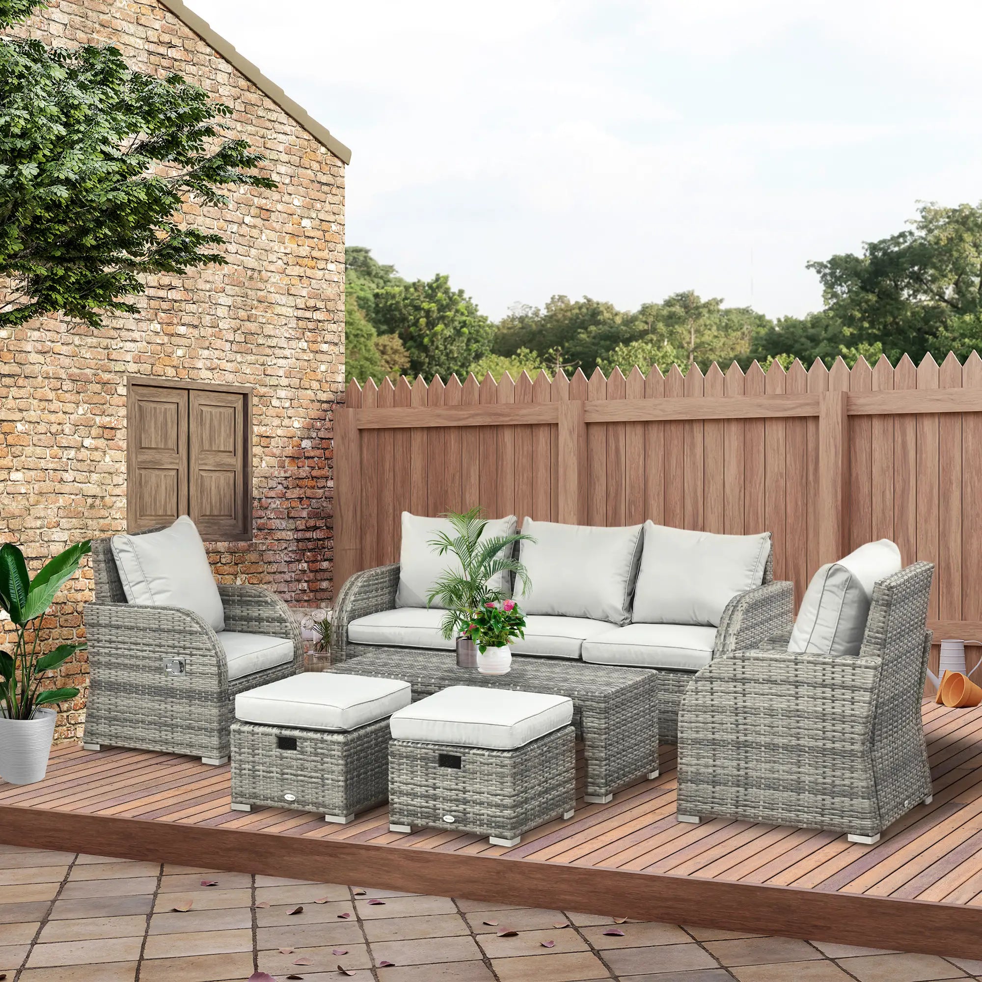 6-Piece Patio Furniture Set, Wicker Sectional Sofa, 3-Seat, 2 Recliners, 2 Footstools, Table, Light Grey Patio Furniture Sets at Gallery Canada