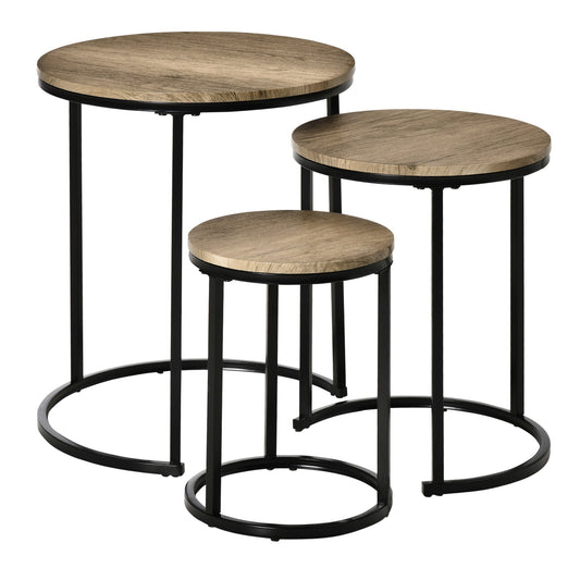 Nesting Tables Set of 3, Round Coffee Table, Modern Stacking Side Tables with Wood Grain Steel Frame for Living Room, Brown - Gallery Canada