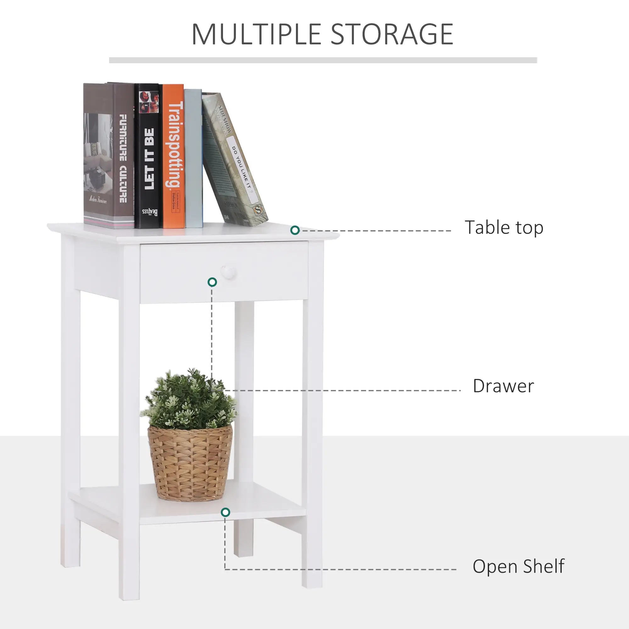 Multipurpose Bedside Table with Drawer, Storage Shelf, White Side Tables at Gallery Canada