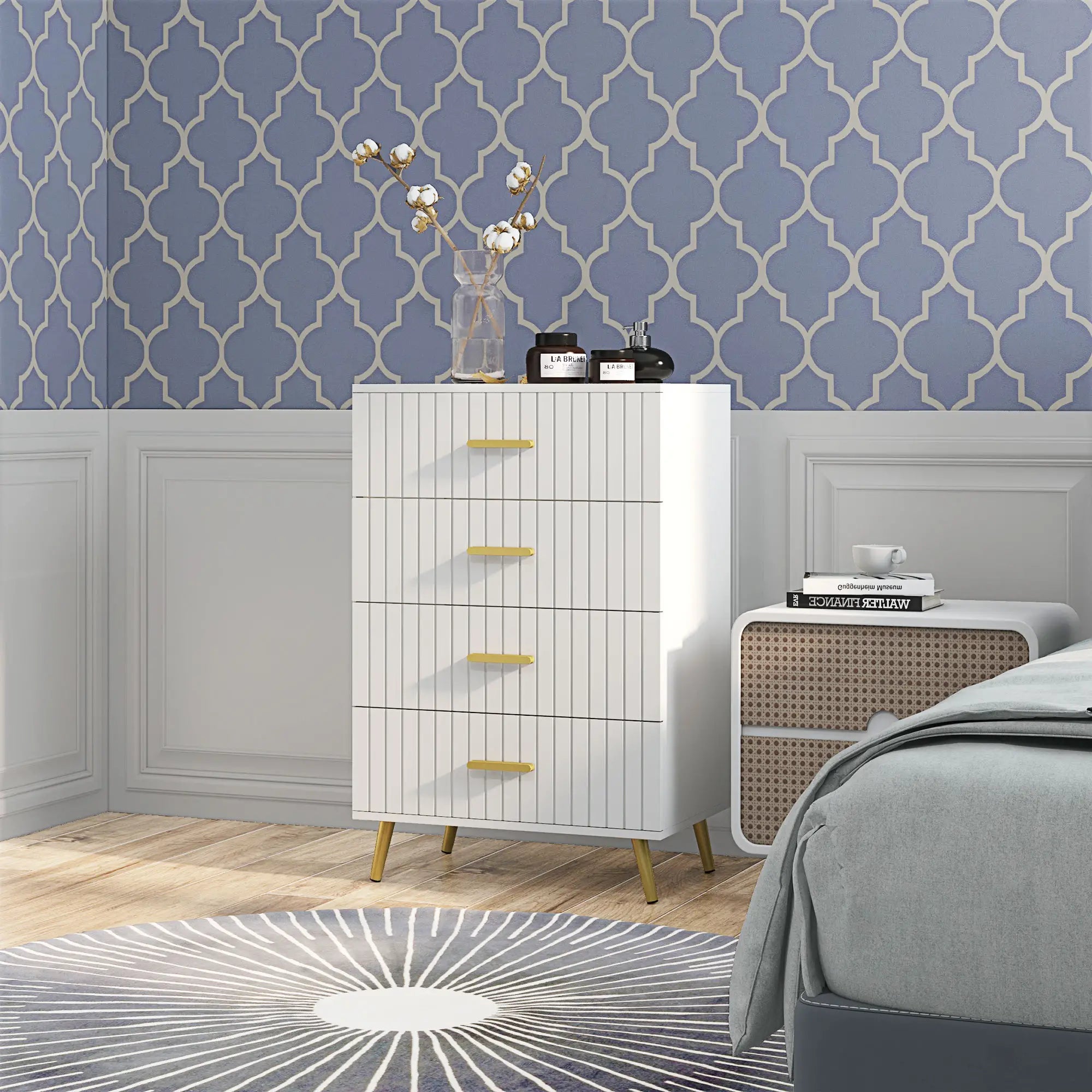 4 Drawer Cabinet, Bedroom Chest of Drawers, Aluminium Legs, Gold Handles, White Storage Cabinets at Gallery Canada
