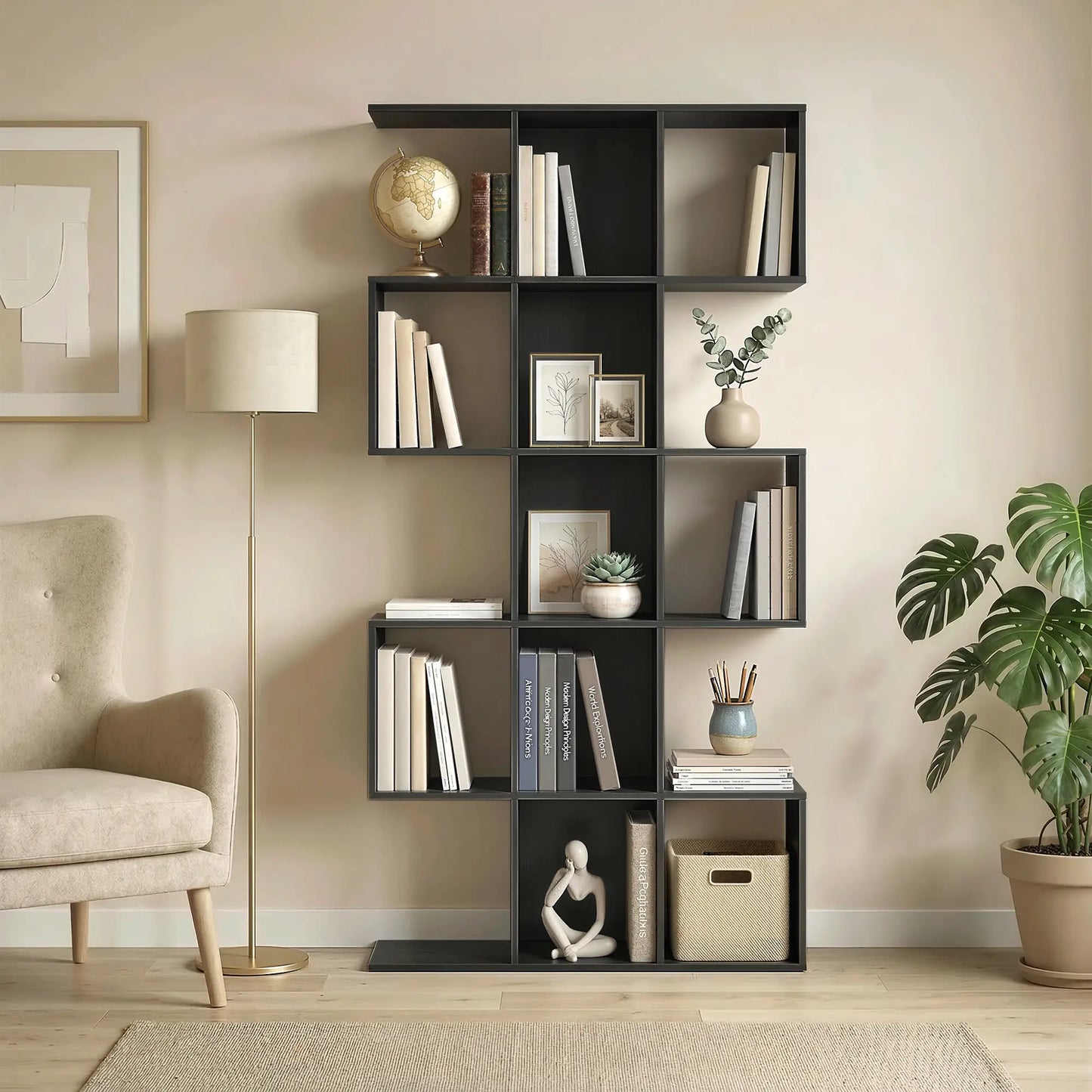 5-Tier S-Shaped Bookshelf, 15 Compartment Geometric Bookcase, Black Wood Grain, Black Display Bookshelves at Gallery Canada