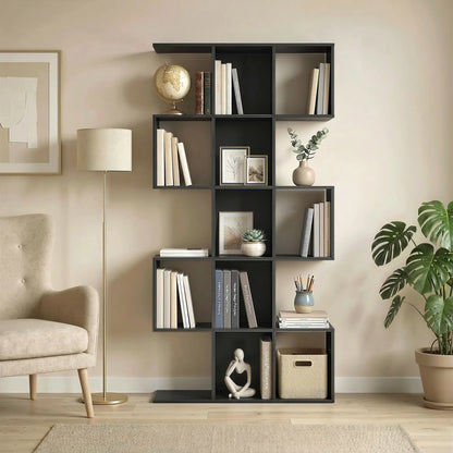 5-Tier S-Shaped Bookshelf, 15 Compartment Geometric Bookcase, Black Wood Grain, Black Display Bookshelves at Gallery Canada