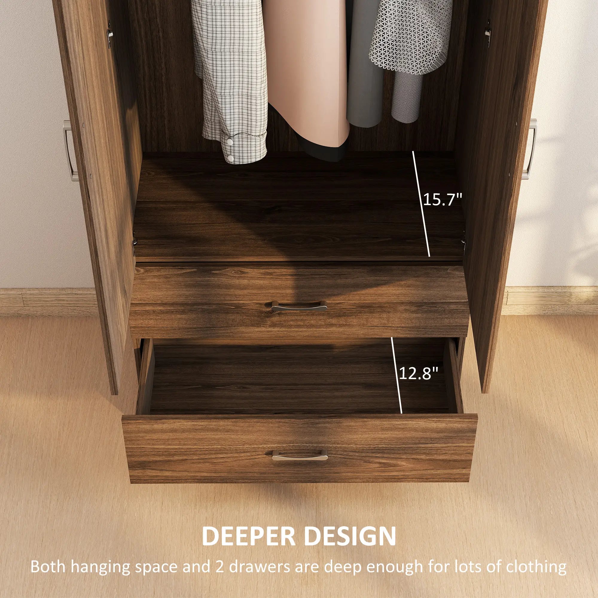 Wardrobe Closet, Hanging Rod, 2 Doors, 2 Drawers, Walnut Clothing Storage at Gallery Canada