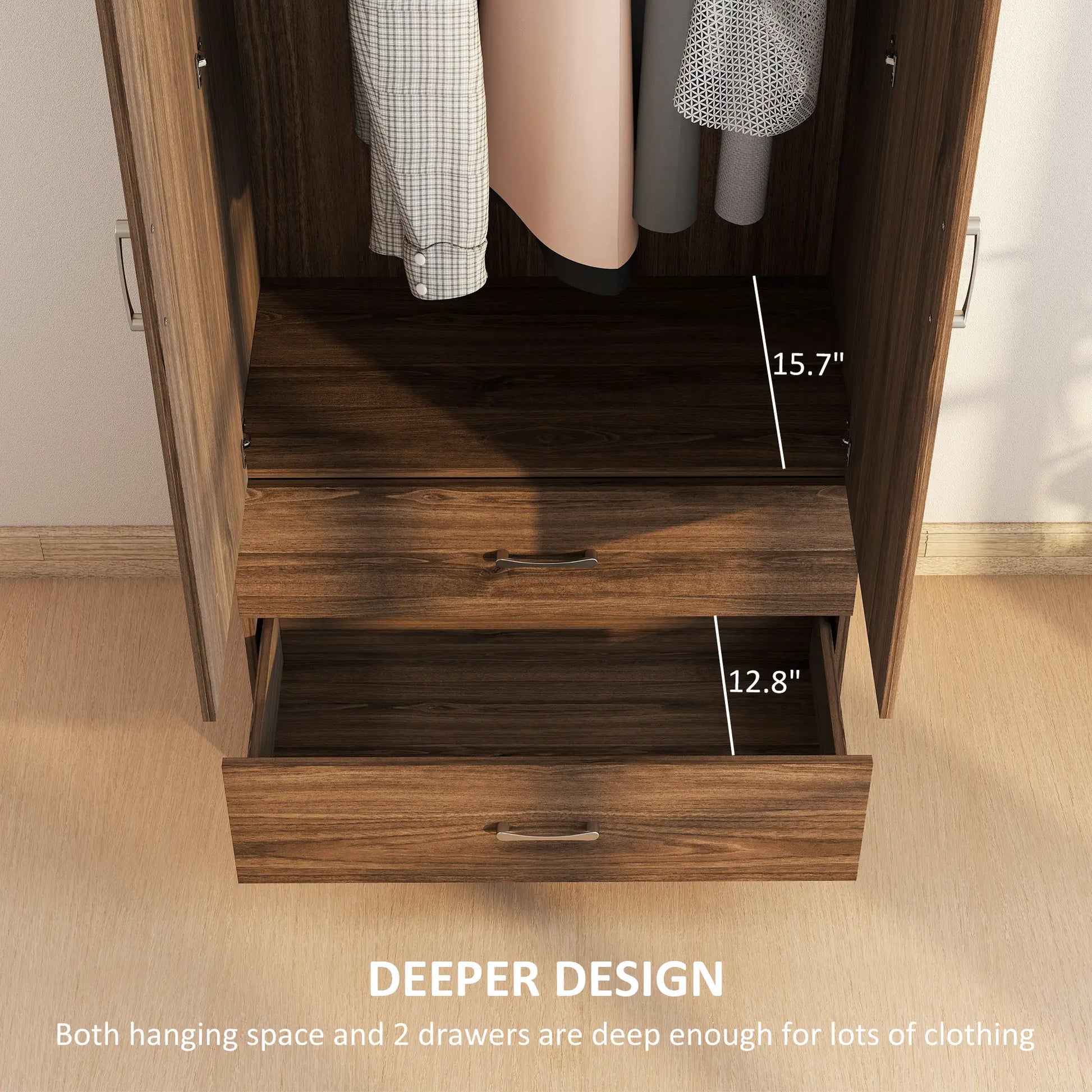 Wardrobe Closet, Hanging Rod, 2 Doors, 2 Drawers, Walnut Clothing Storage at Gallery Canada