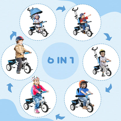 6 in 1 Toddler Tricycle Stroller, Basket, Canopy, 5-Point Harness, 12-60 Months, Blue Tricycles for Kids at Gallery Canada