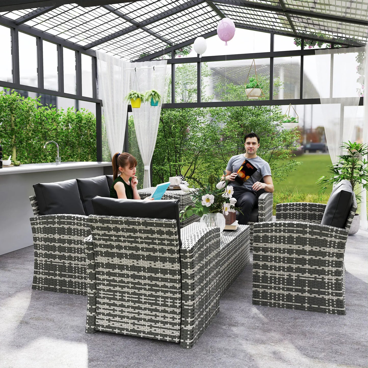 6-Piece Wicker Patio Furniture Set, 7-Seater with Cushions, Black Patio Furniture Sets at Gallery Canada