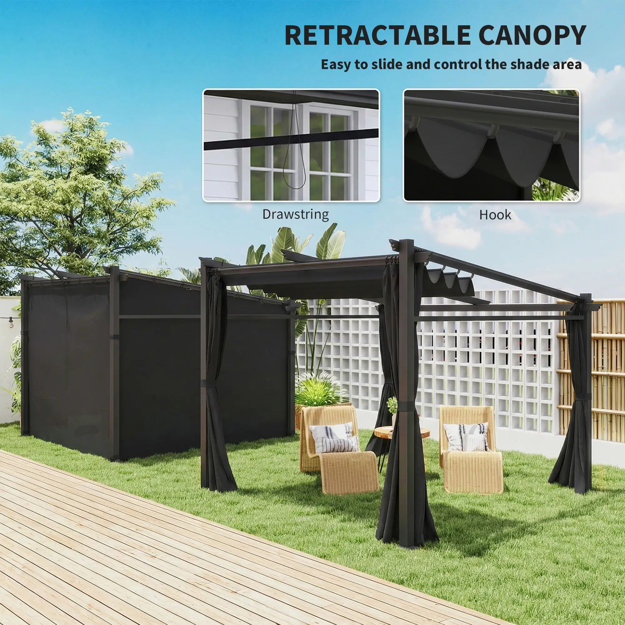 Metal Pergola With Sliding Roof Canopy, 10' x 10', Black Pergolas at Gallery Canada