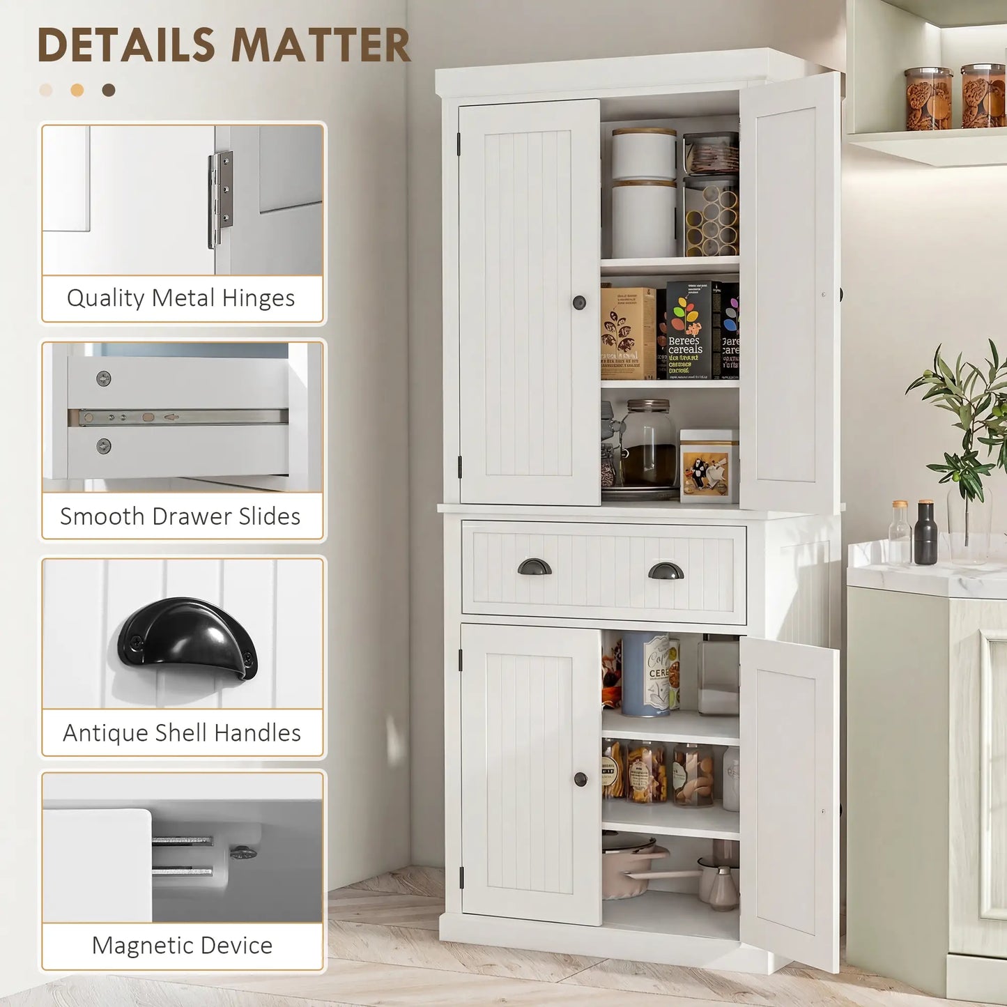 72" Kitchen Pantry, Storage Cabinet with Drawer, Doors, Cream White Kitchen Pantry Cabinets at Gallery Canada