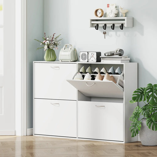 Flip Down Shoe Rack, Wooden Shelf, 4 Drawer Organizer, White