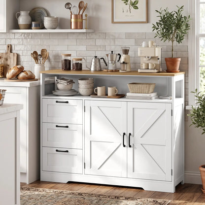 48" Farmhouse Sideboard Buffet Cabinet, 3 Drawers, Charging Station, White